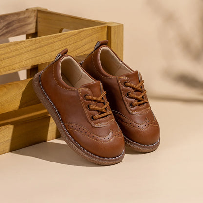 KIDSUN Children Retro Casual Leather Shoes Comfortable Breathable Rubber Soft Anti-Slip Flat Sole Lace Up Solid Color Flats Shoe