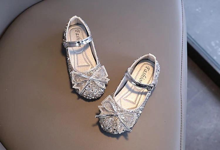 Girl's Princess Shoes Crystal Sequins Bowtie Party Glitter Children Mary Janes Three Colors Wedding Shallow Chic Kids Shoe 26-36