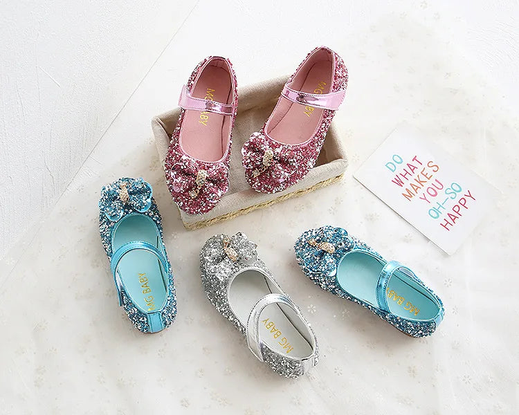 Party Dresses for Girl Spring Fashion Glitter Girl Shoe Water Diamond Princess Shoe Soft Sole Kid Shoes Bow Kid Leather Shoe