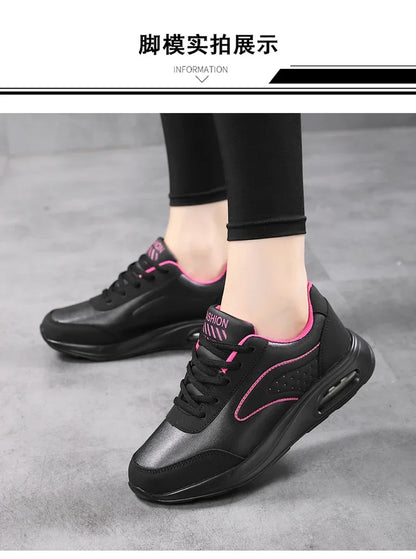 New Women's Fashionable Sneakers Leather Women's Casual Shoes Lace Up Flat Shoes Ladies Lightweight Fitness Walking Shoes