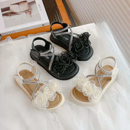 Girls Princess Sandals with Flowers Summer Fashion Children Rhinestone Performance Shoes Big Kids Gladiator Sandals 2025 New
