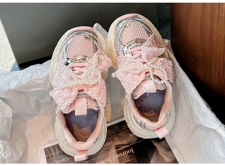 Girls Running Shoes with Sweet Mesh Bow Kids Sports Shoes Breathable New Fashion Children Sneakers Princess Style Cute