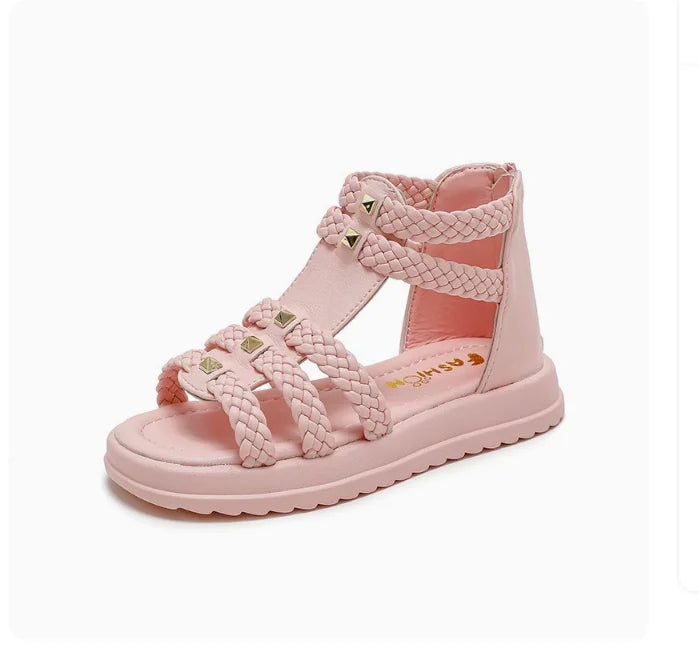 Girls Cute Roman Sandals Open Toe Braided Solid Color High-top Simple Rivets 2025 Summer Hollow Flat Casual Shoes