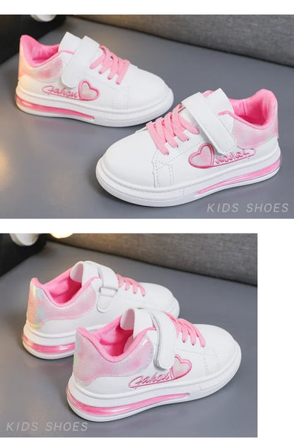 Children's Sneakers 2024 New Girls Love Embroidery Casual Shoes Fashion Leather Kids School Running Sports Shoes Soft Hook Loop