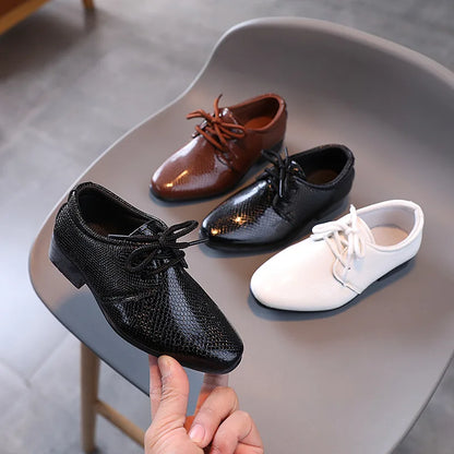 Boy Leather Shoe Black White Versatile Children's Flats for School Performance Causal Fashion Lace-up Kids Formal Uniform Shoes