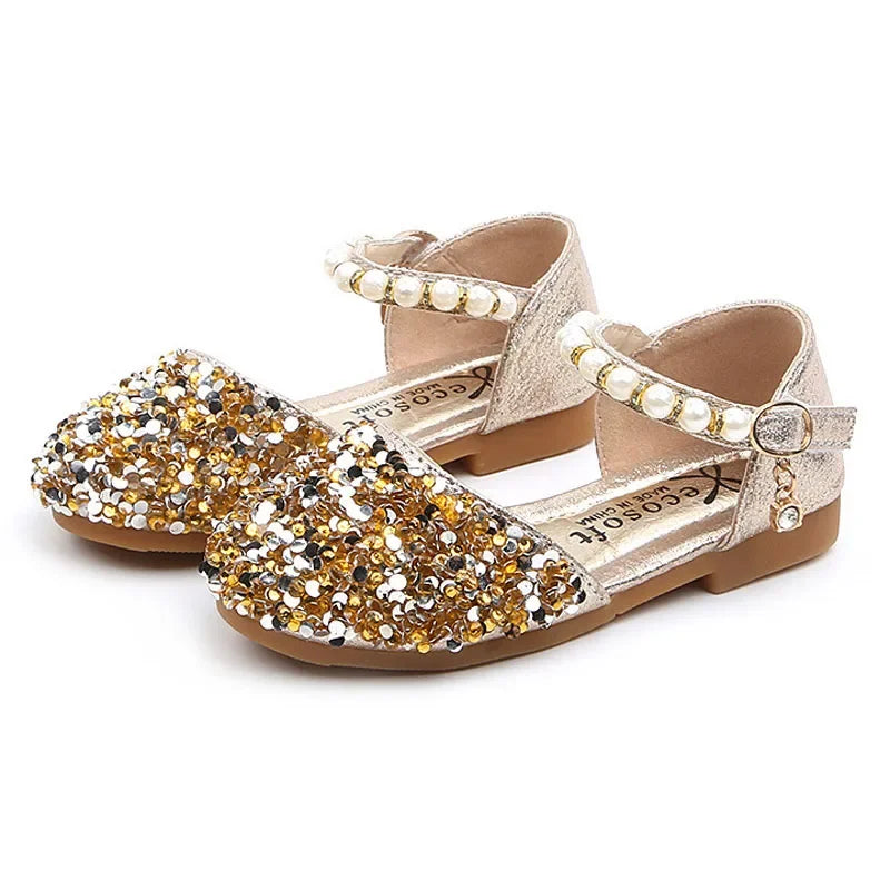 Princess Girls Party Dance Shoes Student Flats Children Pearl Sequin Sandals Kids Performance Grand Event
