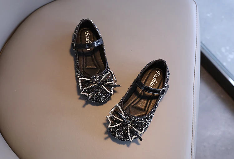 Girl's Princess Shoes Crystal Sequins Bowtie Party Glitter Children Mary Janes Three Colors Wedding Shallow Chic Kids Shoe 26-36