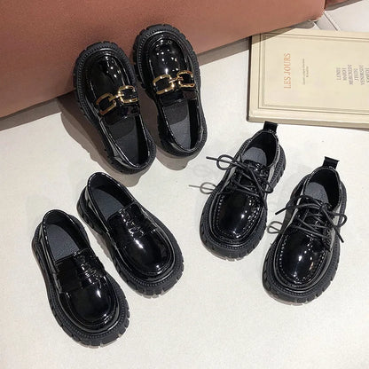 Girls Leather Shoes For School Party Wedding Kids Black Loafers Slip-On Children Flats British Style Elegant Princess Shoes