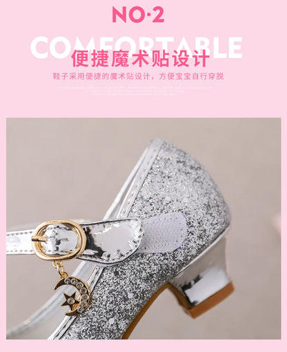Fairy Girl High Heels Princess Shoes Halloween Cosplay Kids Shiny Sofia Cinderella Aurora Rapunzel Party Dress Up Leather Shoe