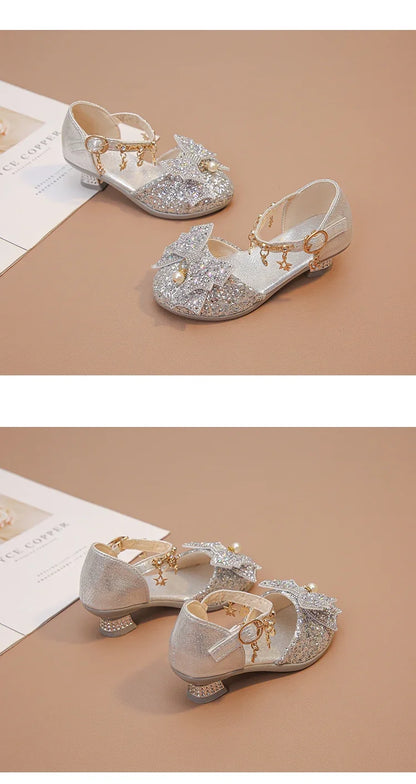 Girls High Heeled Leather Shoes High Heels for Wedding Party Glitter Rhinestone with Bow-knot Kids Dress Pendant Bling Sparkling