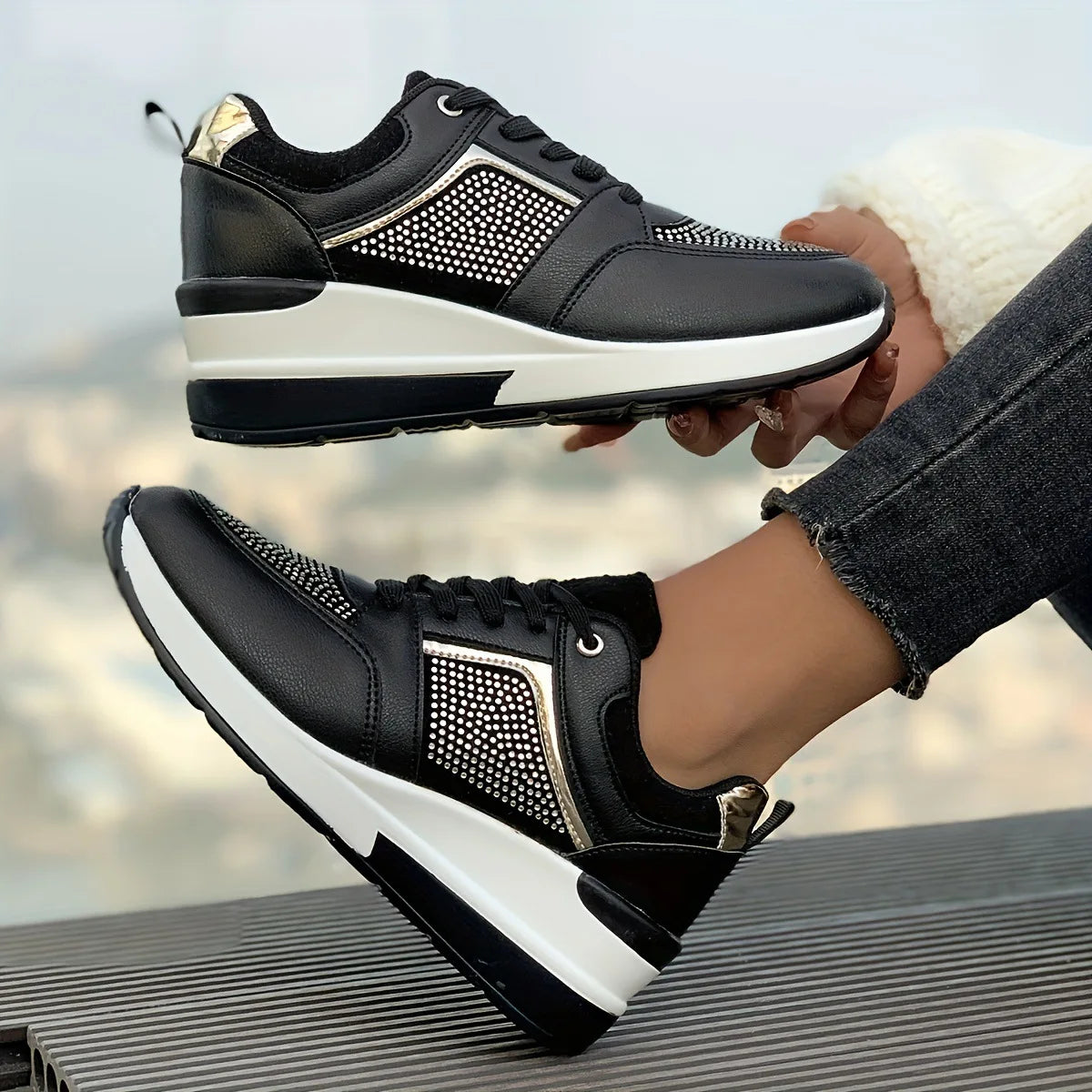 New Women's Sneakers Luxury Rhinestone Casual Shoes for Women Comfortable Platform Wedge Shoes Fashion Breathable Running Shoes