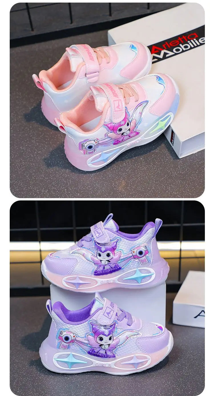 Sanrio Kuromi Girls Light Up Sneakers New Waterproof Leather Princess Running Casual Sports Shoes with Cotton Lined for Kids
