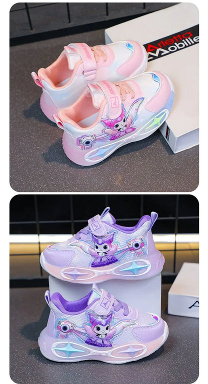 Sanrio Kuromi Girls Light Up Sneakers New Waterproof Leather Princess Running Casual Sports Shoes with Cotton Lined for Kids