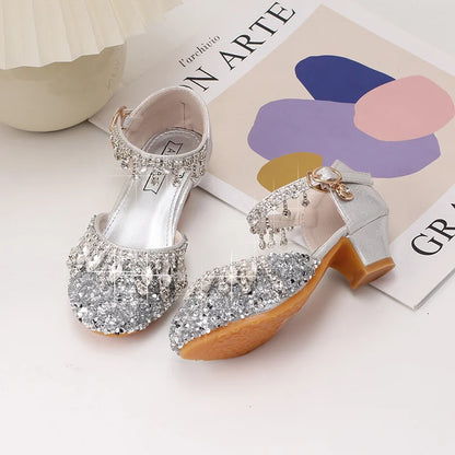 Girls' high-heeled princess shoes model catwalk show silver children's dress shoes shiny stage crystal sandals