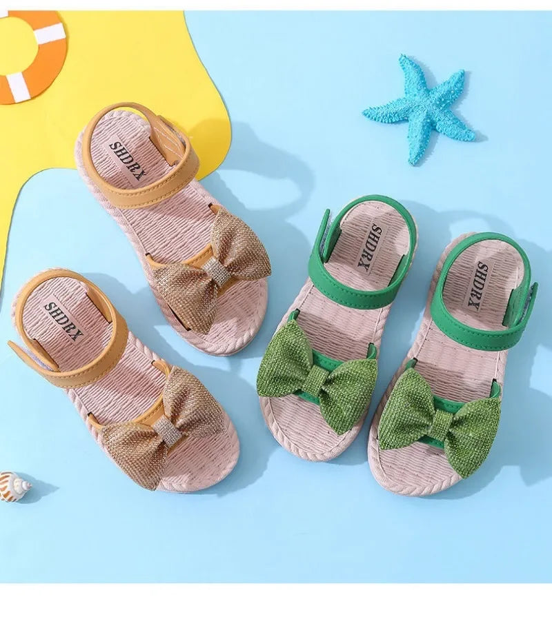 Kids Shoes Summer Girls Sandals Bow Non-slip Soft Soled Versatile Solid Korean Children Sweet Princess Shoes Beach Sandals