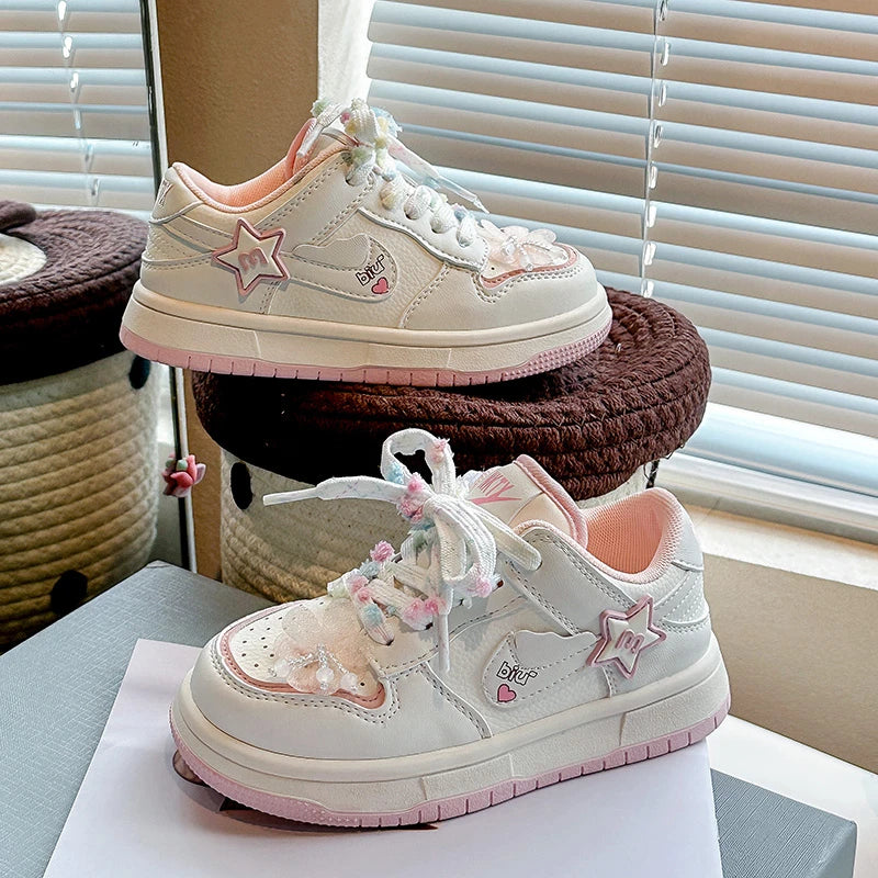 Girls' white sneakers autumn New leather breathable casual shoes, girls' soft-soled sports shoes and running shoes