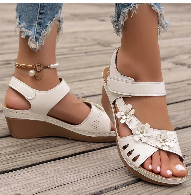 Women's Sandals New Wedges Heels Sandals For Summer Shoes Women Luxury Flower Sandalias Mujer Soft Heeled Summer Footwear