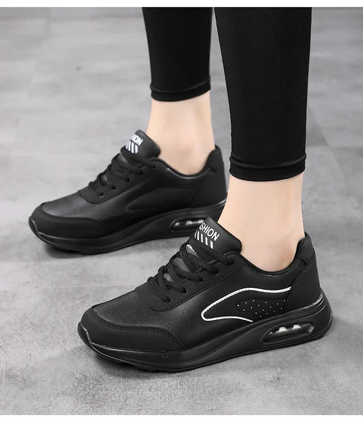 New Women's Fashionable Sneakers Leather Women's Casual Shoes Lace Up Flat Shoes Ladies Lightweight Fitness Walking Shoes