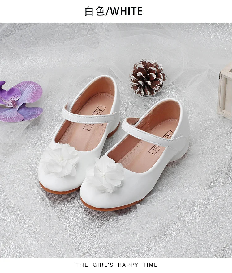 Children's shoes in spring and autumn new girls white Pearl flower Princess shoes fashion high heels wear-resistant and non-slip