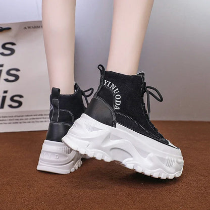 Women Sneakers High Top Platform Breathable Leather Shoes Autumn Ladies Wedges Casual Shoes For Woman Sports Dad Shoes 8CM