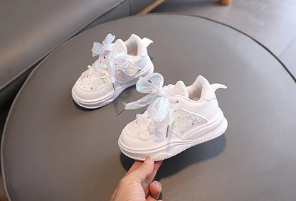 Baby Girl's Casual Sneakers for Spring Fall Shiny Sequins & Bow Ribbon Decor Sports Shoes Kids Skate Shoes