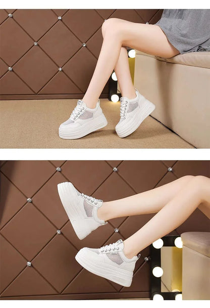 Women's White Chunky Sole Sneakers – Breathable Mesh Shoes with Thick Platform and Air Cushion for Casual Wear