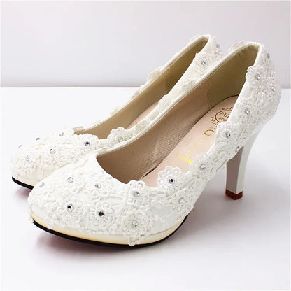 New Shoes Woman Bride Elegant White Lace Pearl Design High Heels Women's High Heels Bride Wedding Shoes Ladies