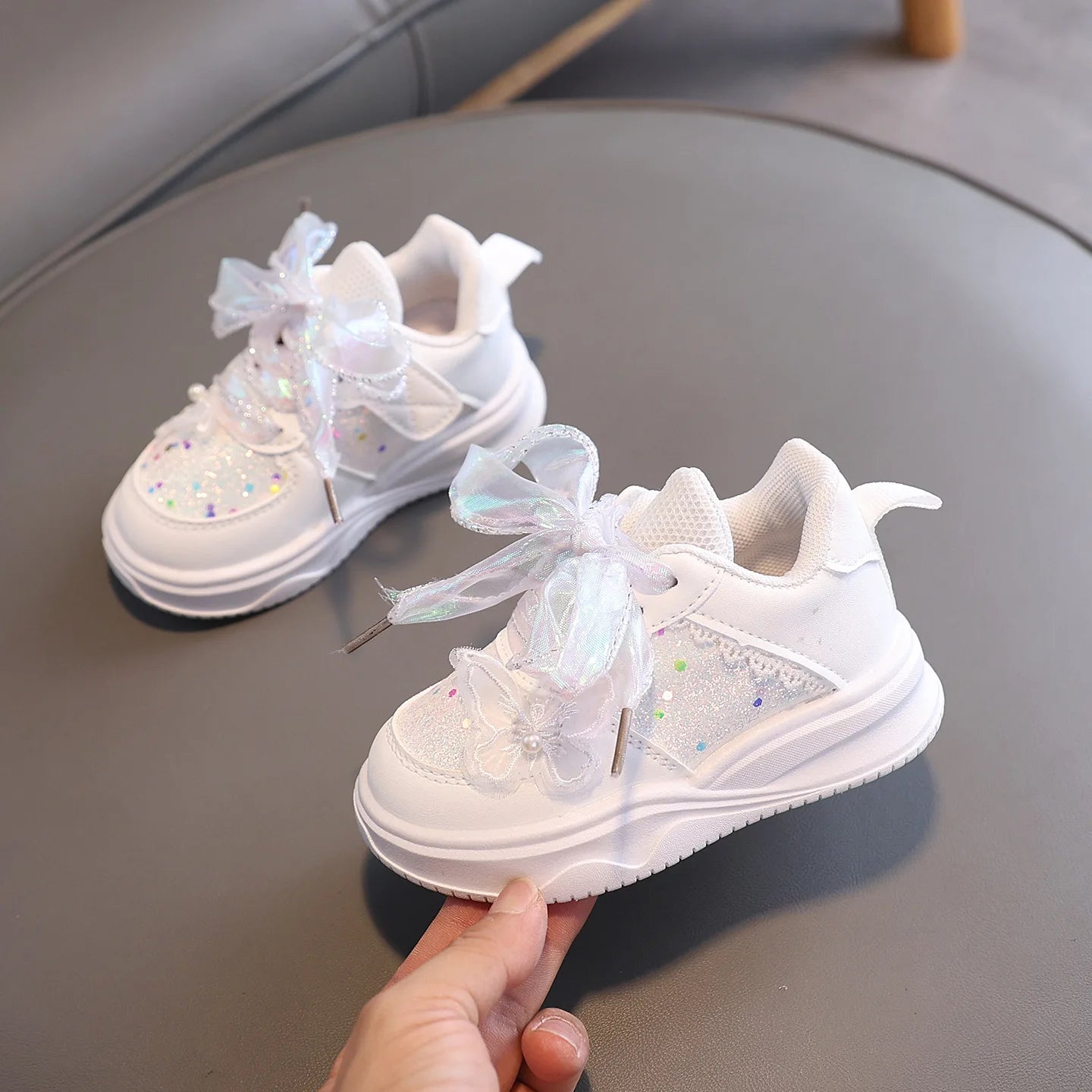 Baby Girl's Casual Sneakers for Spring Fall Shiny Sequins & Bow Ribbon Decor Sports Shoes Kids Skate Shoes