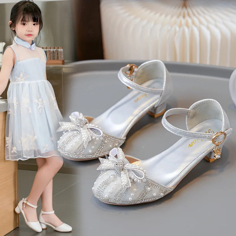 Girls' Bow Sandals Fashion Princess Shoes for Party Wedding 2025 Summer New Kids Rhinestone High Heels Children's Leather Shoes