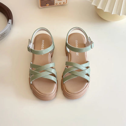 Girls Sandals 3-18 Years Old Beige Open-toe Woven Kids Beach Shoes Summer New Green Fashion Hundred Children's Sandals Shoes