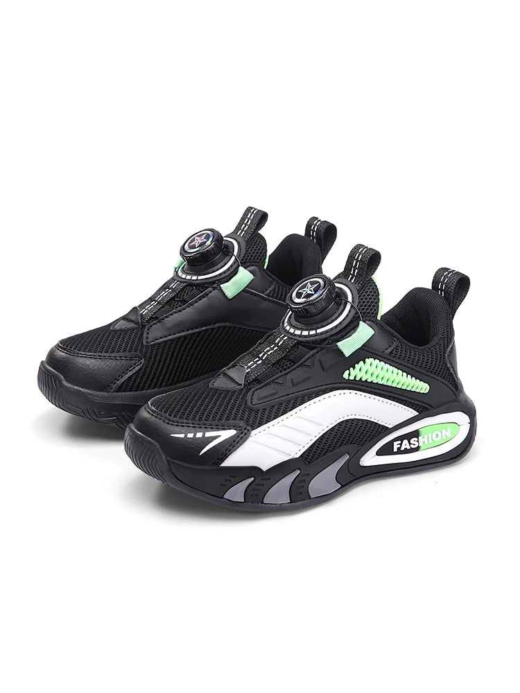 Boys' New Trendy Color-Blocked Mesh Sneakers with Knob Buckle, Dad Shoe Style Breathable Children's Shoes, Spring and Autumn Campus Outdoor Non-Slip Running Shoes, Casual Sports Trendy Shoes