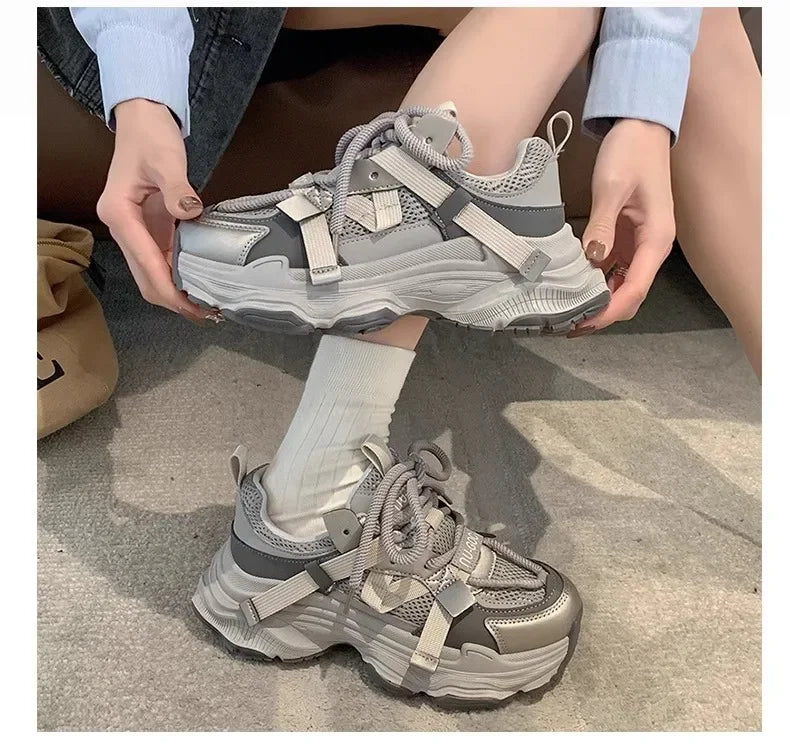 Women's Chunky Sneakers  Breathable Mesh Platform Sports Shoes Woman Fashion Lace Up Thick Sole Casual Shoes Mujer 2024