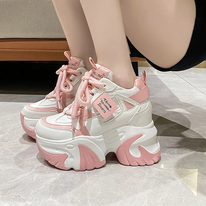 Women Walking Sneakers 2025 Spring Lace-up High Platform Chunky Shoes Breathable Leather Shoes 10CM Wedge Heels Casual Shoes