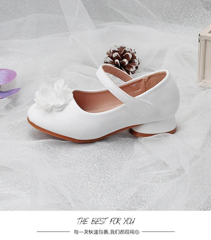 Children's shoes in spring and autumn new girls white Pearl flower Princess shoes fashion high heels wear-resistant and non-slip