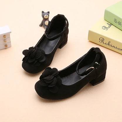 Girl's High Heel Shoes Spring Autumn Kids Leather Shoe Fashion Sweet Flower Children Princess Shoes for Wedding Party Versatile