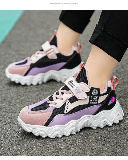 Fashion Children Shoes Girls Sneaker Black Pink PU Leather Platform Casual Sneaker School Tennis Sports Shoes for Girls