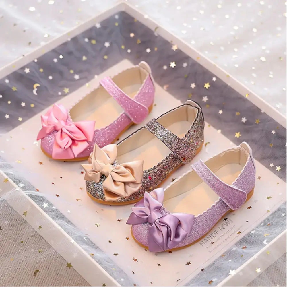 Female Glitter Princess Dress Shoes Soft Bottom Bow-knot Dance Party Shoes Bright Non-slip Leather Shoes Girls
