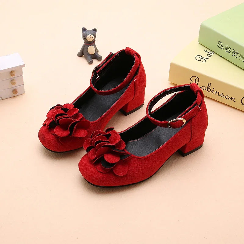Girl's High Heel Shoes Spring Autumn Kids Leather Shoe Fashion Sweet Flower Children Princess Shoes for Wedding Party Versatile
