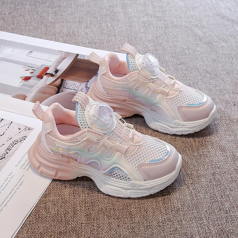 Girls Sneakers with Sweet Flowers Children Running Shoes Rotating Button New Kids Sports Shoes Princess Style Comfortable