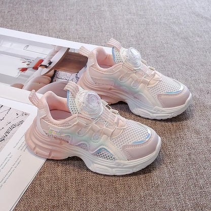 Girls Sneakers with Sweet Flowers Children Running Shoes Rotating Button New Kids Sports Shoes Princess Style Comfortable