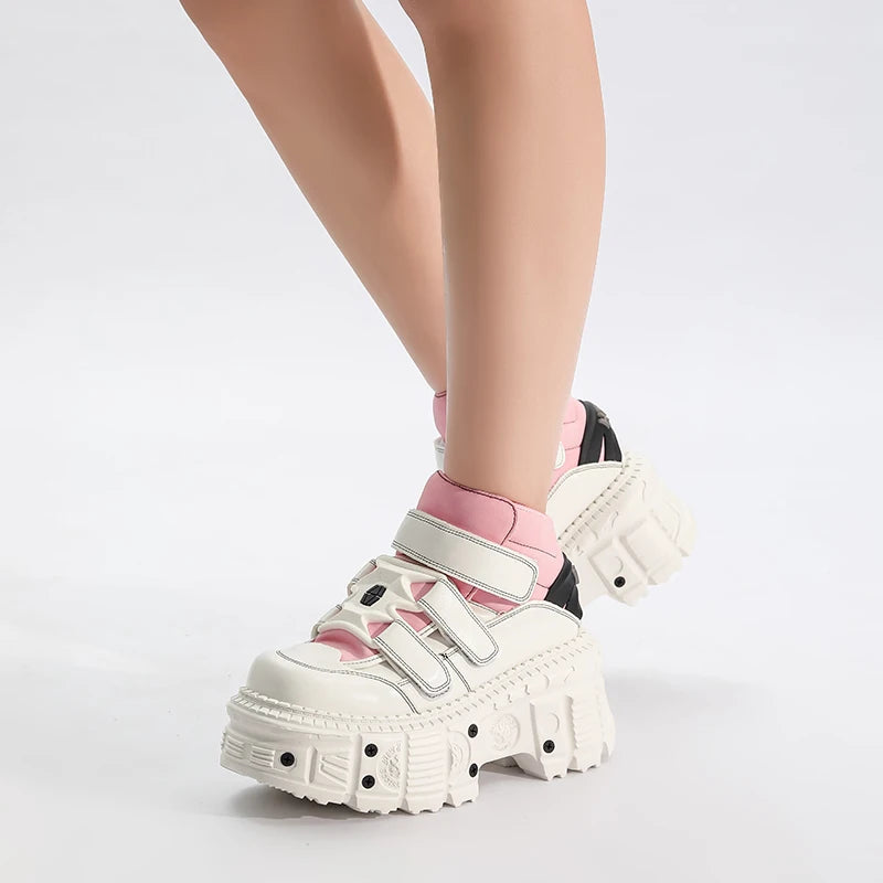 Woman Sneakers New Punk Style Women Shoes Gothic Ankle Rock Boots Lace-up Heel Height Platform Shoes Woman Metal Decor