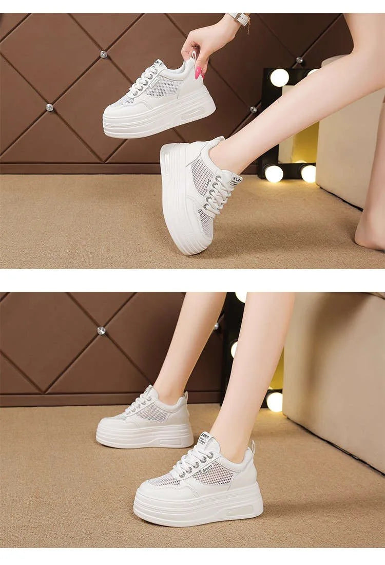 Women's White Chunky Sole Sneakers – Breathable Mesh Shoes with Thick Platform and Air Cushion for Casual Wear