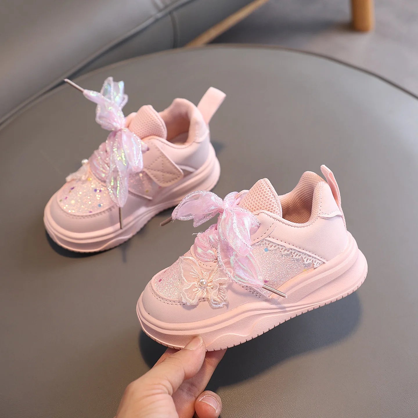 Baby Girl's Casual Sneakers for Spring Fall Shiny Sequins & Bow Ribbon Decor Sports Shoes Kids Skate Shoes