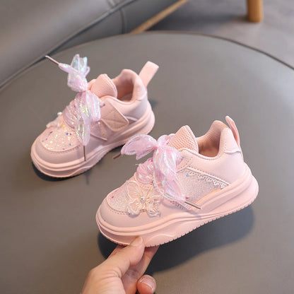 Baby Girl's Casual Sneakers for Spring Fall Shiny Sequins & Bow Ribbon Decor Sports Shoes Kids Skate Shoes