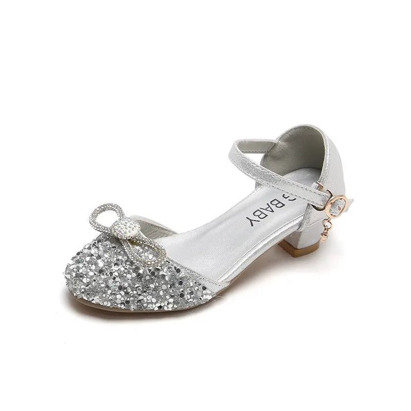 Girls High Heels for Kids Party Wedding Evening Dress Shoes Fashion Bow Diamond Crystal Shoes Princess Stockings Girl Sandals