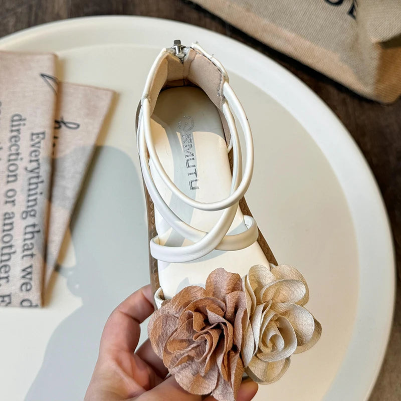 Girls' Sandals Summer New Children's Flower Princess Shoes Medium Large Children's Soft Bottom High Butt Roman Shoes