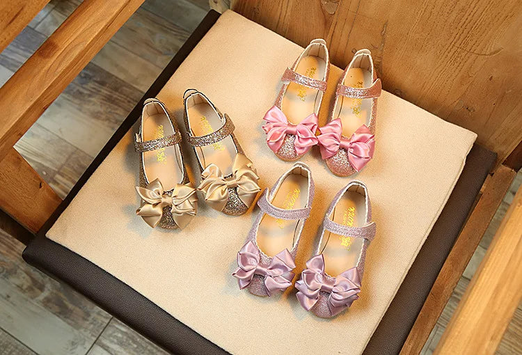 Glitter with Bow-knot Princess Sweet Bling Dress Shoes for Dance Party Girls Leather Shoes for Toddlers Kids Big Children Flats