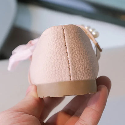 Girls Pearls Leather Shoes for Party Wedding Children Elegant Princess Shoes with Bow-knot Kids Flats Mary Janes Shoes Round-toe