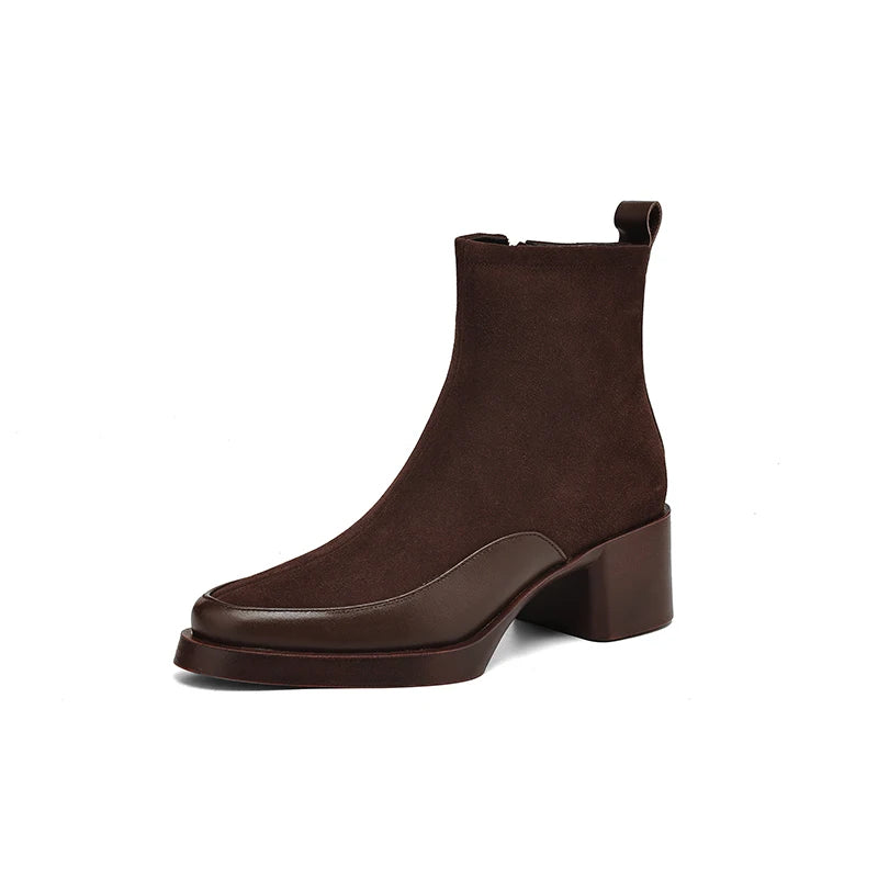 New Women's Short Boots Genuine Leather Retro Chunky Heel High Heel Boots Female Large Size Pointed Toe Women Ankle Boots