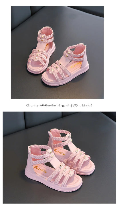 Kids Summer Sandals for Girls 2025 New Versatile Korean Style PU Soft Non-slip Flat Casual Weave Gladiator Sandals Princess Soft